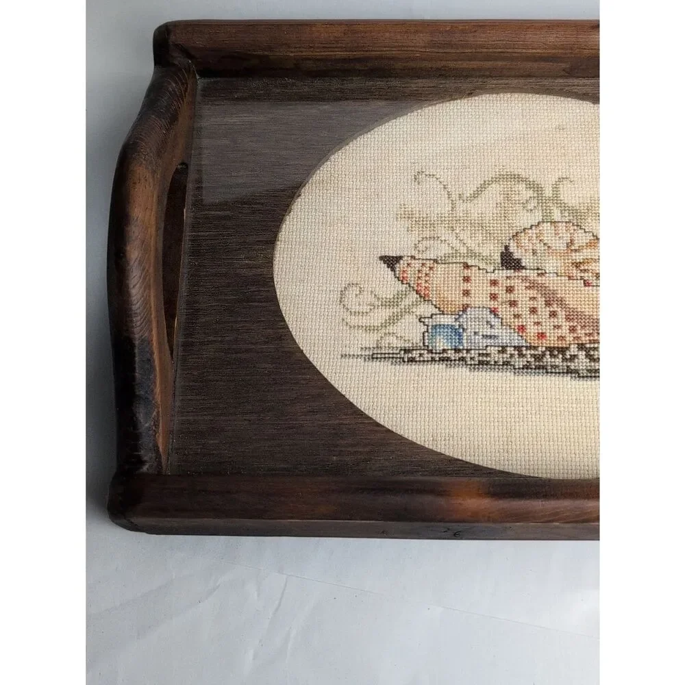 Coastal Seashell Cross-stitch Wood Serving Tray Vintage Cottage